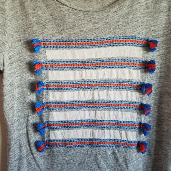 J Crew Black Label 100% Linen Tee with Aztec Embroidery and Tassels - Picture 3 of 10